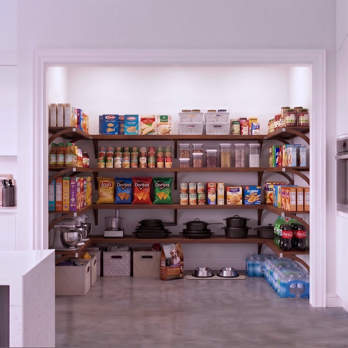 An organized large walk-in pantry with 4 levels of U shaped pantry shelving in a chestnut finish fully stocked with groceries.