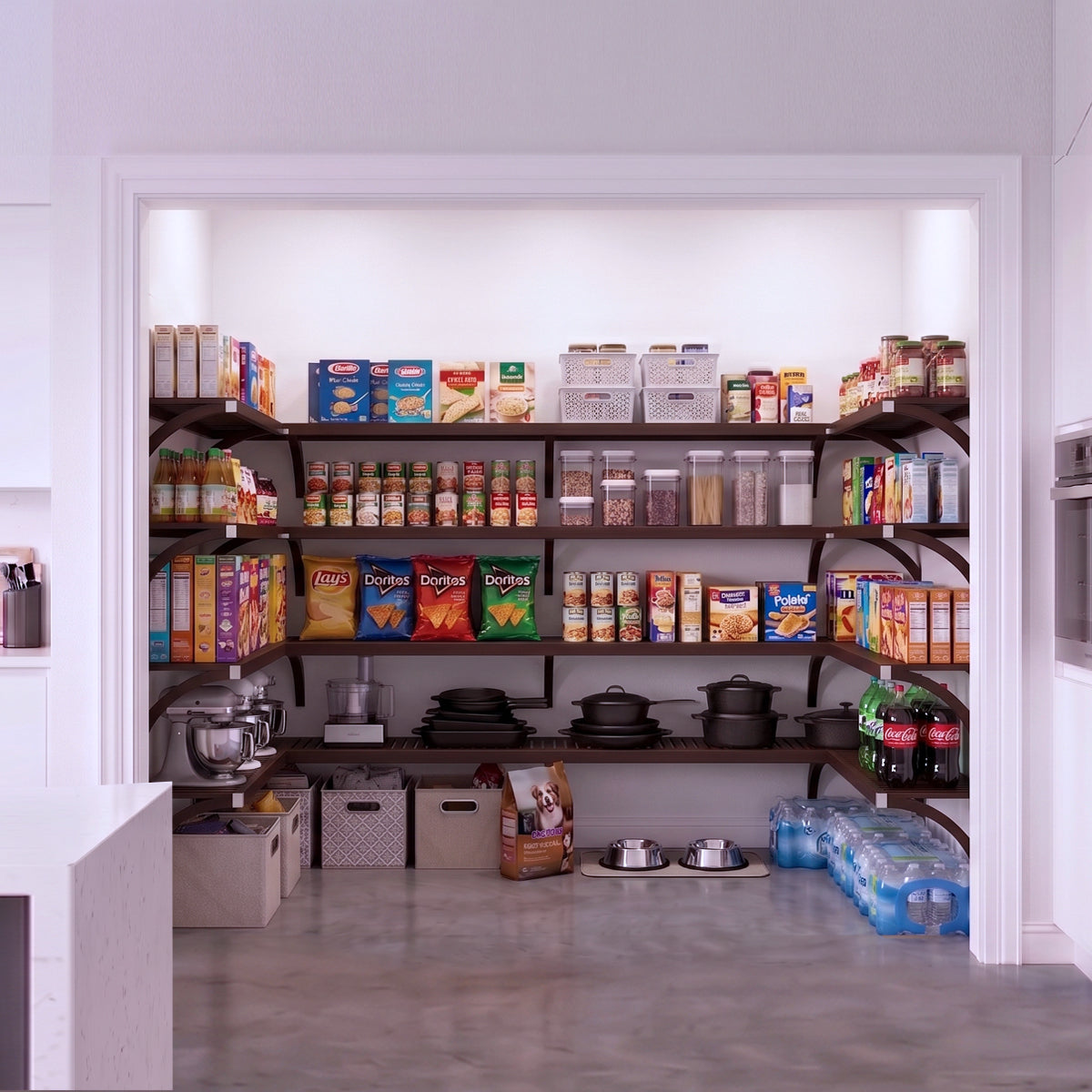An organized large walk-in pantry with 4 levels of U shaped pantry shelving in an espresso finish fully stocked with groceries.