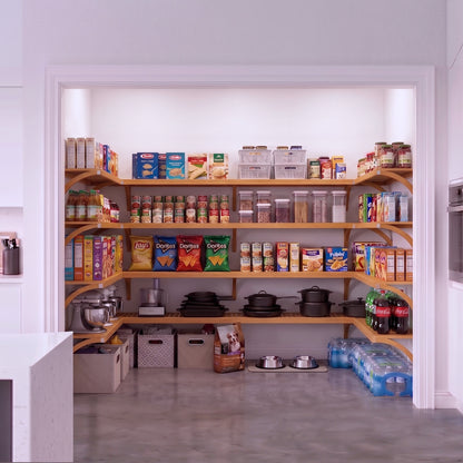 An organized large walk-in pantry with 4 levels of U shaped pantry shelving in a honey maple finish fully stocked with groceries.