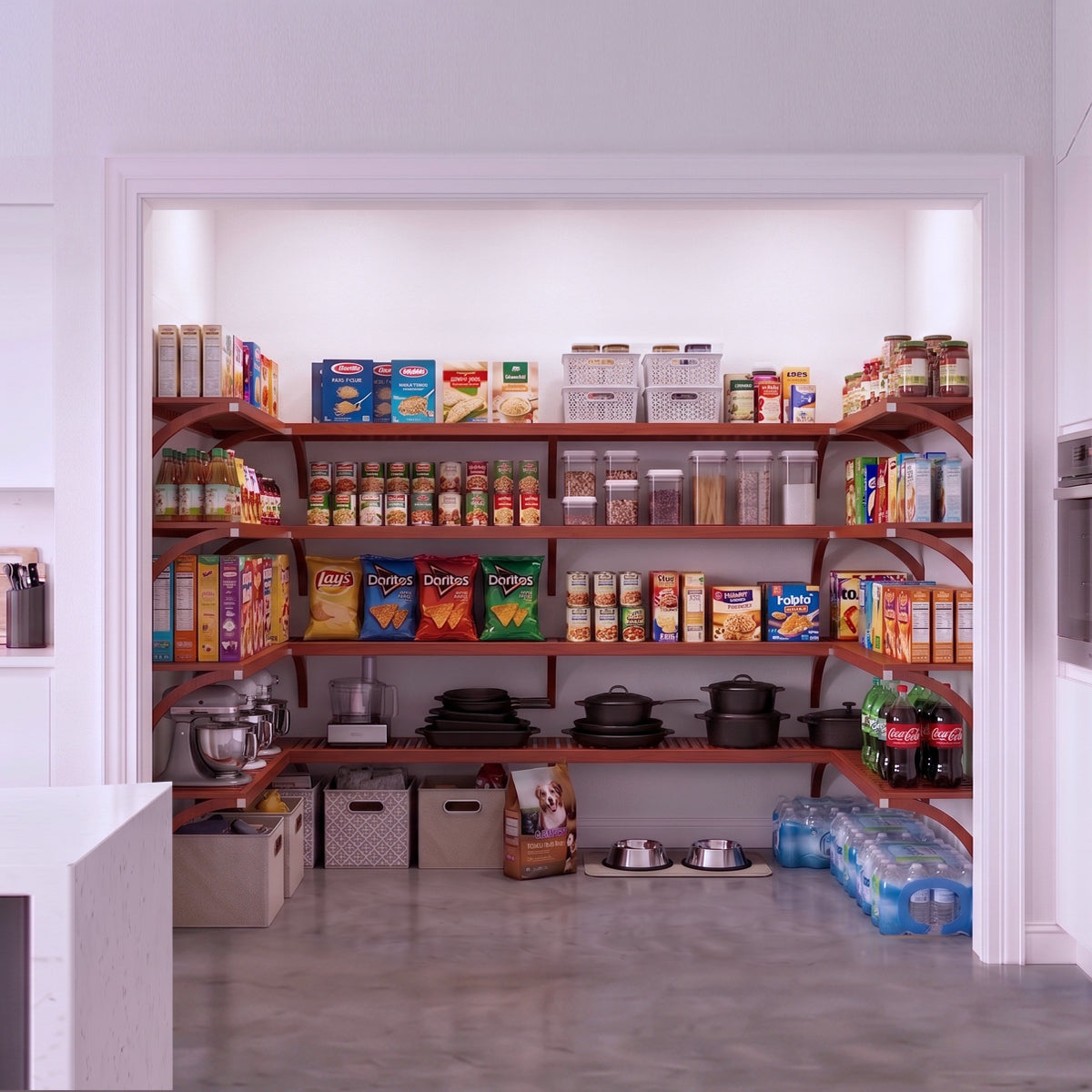 An organized large walk-in pantry with 4 levels of U shaped pantry shelving in a red mahogany finish fully stocked with groceries.