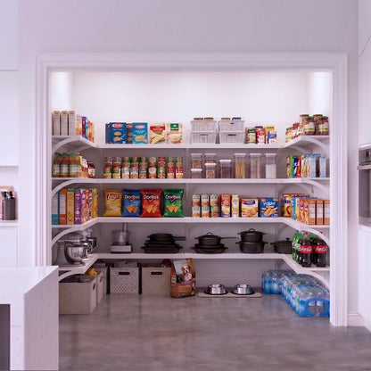 An organized large walk-in pantry with 4 levels of U shaped pantry shelving in a white finish fully stocked with groceries.
