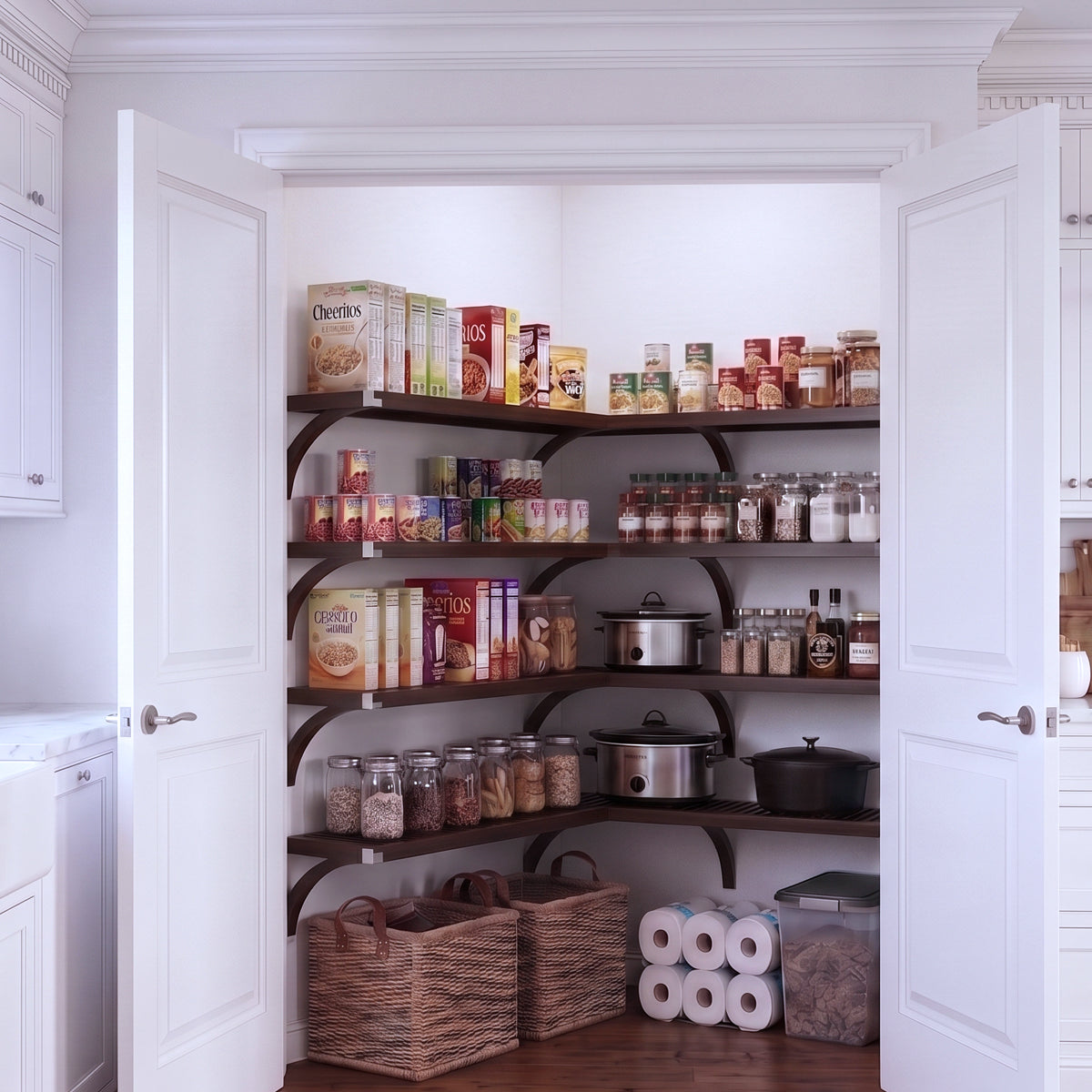 A fully stocked L shaped walk-in pantry with 4 tiers of espresso solid wood shelves filled with kitchen appliances and grocery foods.