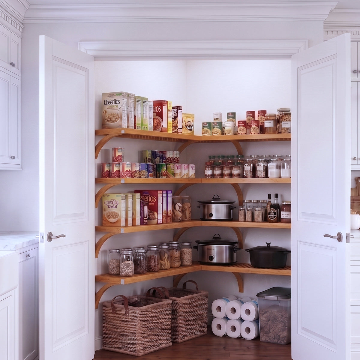 A fully stocked L shaped walk-in pantry with 4 tiers of honey maple solid wood shelves filled with kitchen appliances and grocery foods.