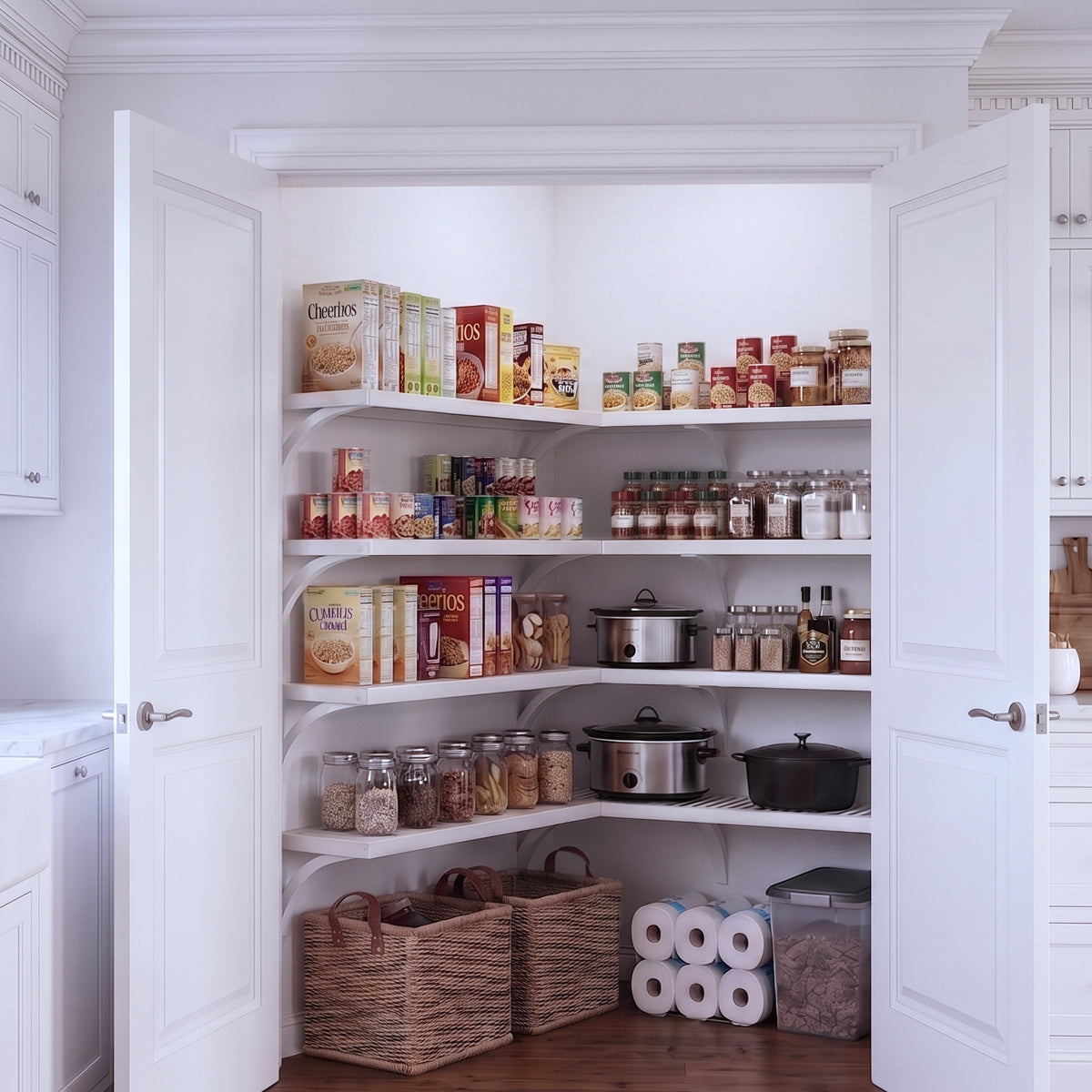 A fully stocked L shaped walk-in pantry with 4 tiers of white solid wood shelves filled with kitchen appliances and grocery foods.