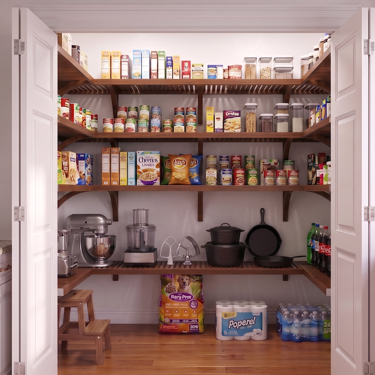 A well-organized standard walk-in U shaped pantry with 4 tiers of chestnut finished solid wood shelves stocked with various grocery items.