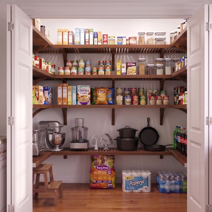 A well-organized standard walk-in U shaped pantry with 4 tiers of chestnut finished solid wood shelves stocked with various grocery items.