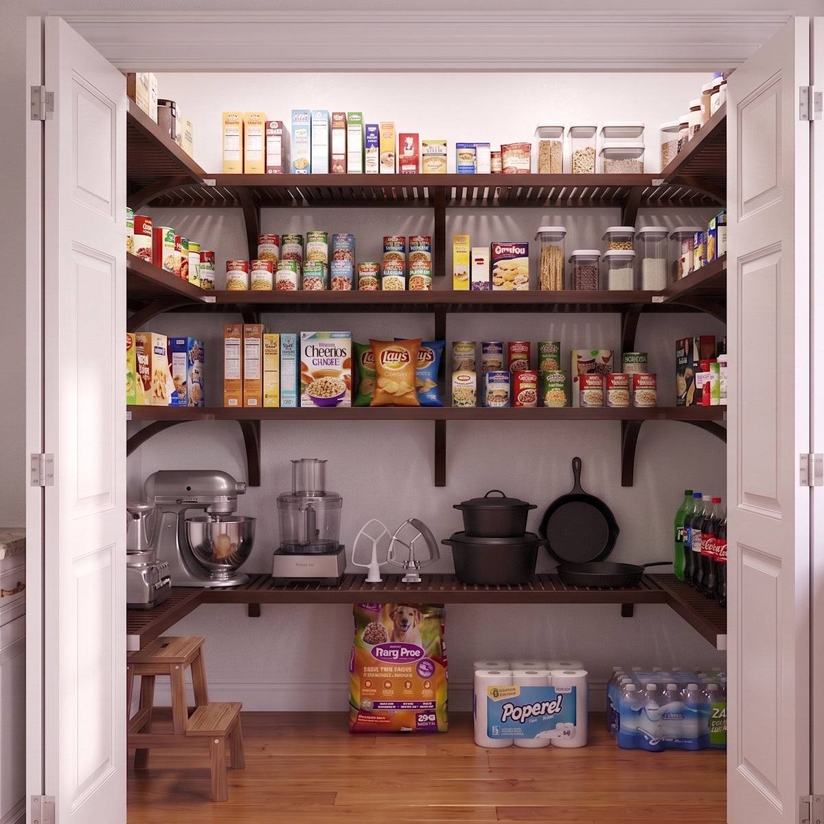 A well-organized standard walk-in U shaped pantry with 4 tiers of espresso finished solid wood shelves stocked with various grocery items.