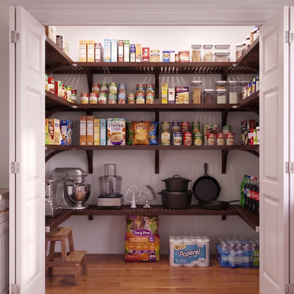 A well-organized standard walk-in U shaped pantry with 4 tiers of espresso finished solid wood shelves stocked with various grocery items.