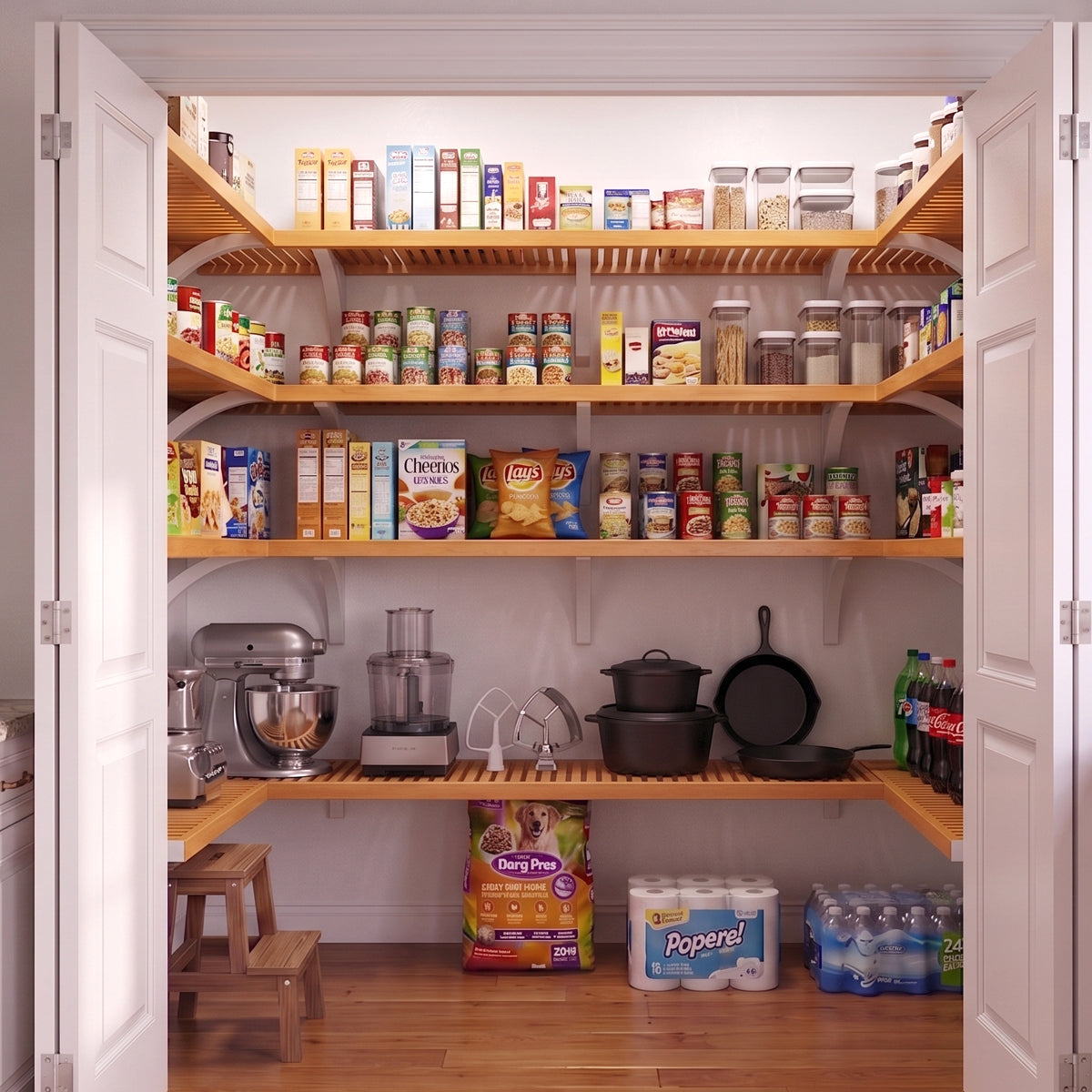 A well-organized standard walk-in U shaped pantry with 4 tiers of honey maple finished solid wood shelves stocked with various grocery items.