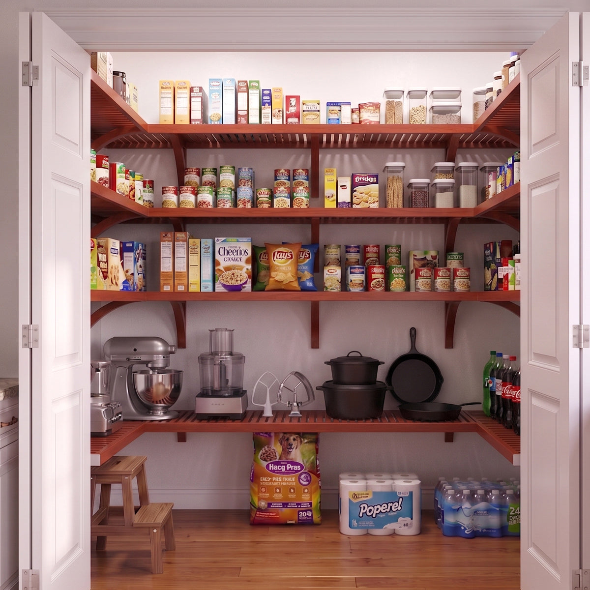 A well-organized standard walk-in U shaped pantry with 4 tiers of red mahogany finished solid wood shelves stocked with various grocery items.