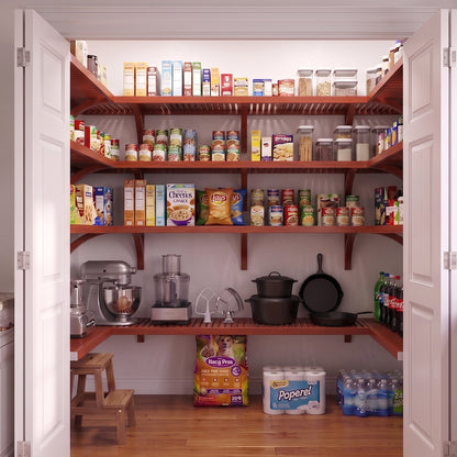 A well-organized standard walk-in U shaped pantry with 4 tiers of red mahogany finished solid wood shelves stocked with various grocery items.