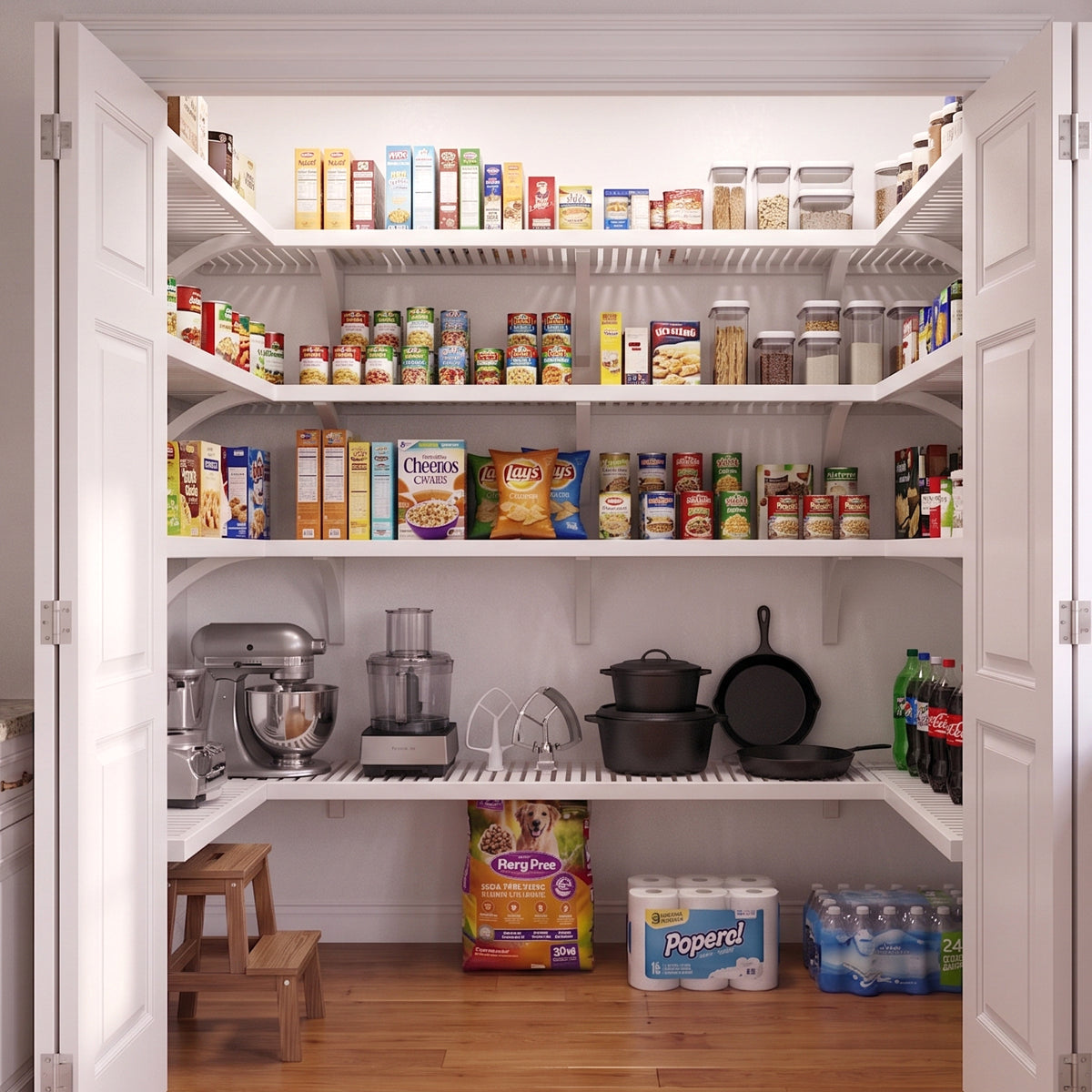 A well-organized standard walk-in U shaped pantry with 4 tiers of white finished solid wood shelves stocked with various grocery items.