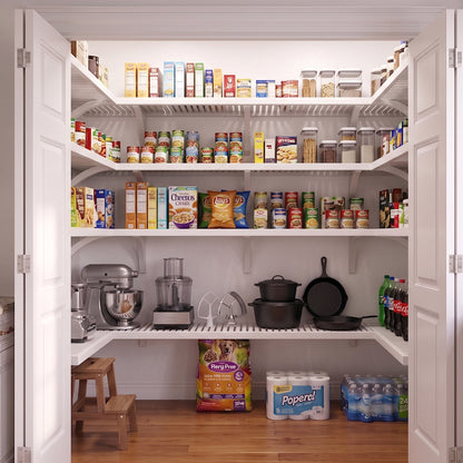 A well-organized standard walk-in U shaped pantry with 4 tiers of white finished solid wood shelves stocked with various grocery items.