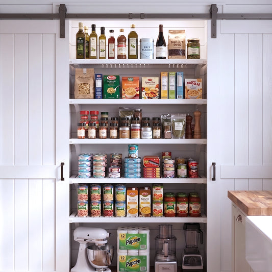 A well-organized pantry with barn doors and white solid wood ventilated shelves stocked with food items and kitchen appliances.