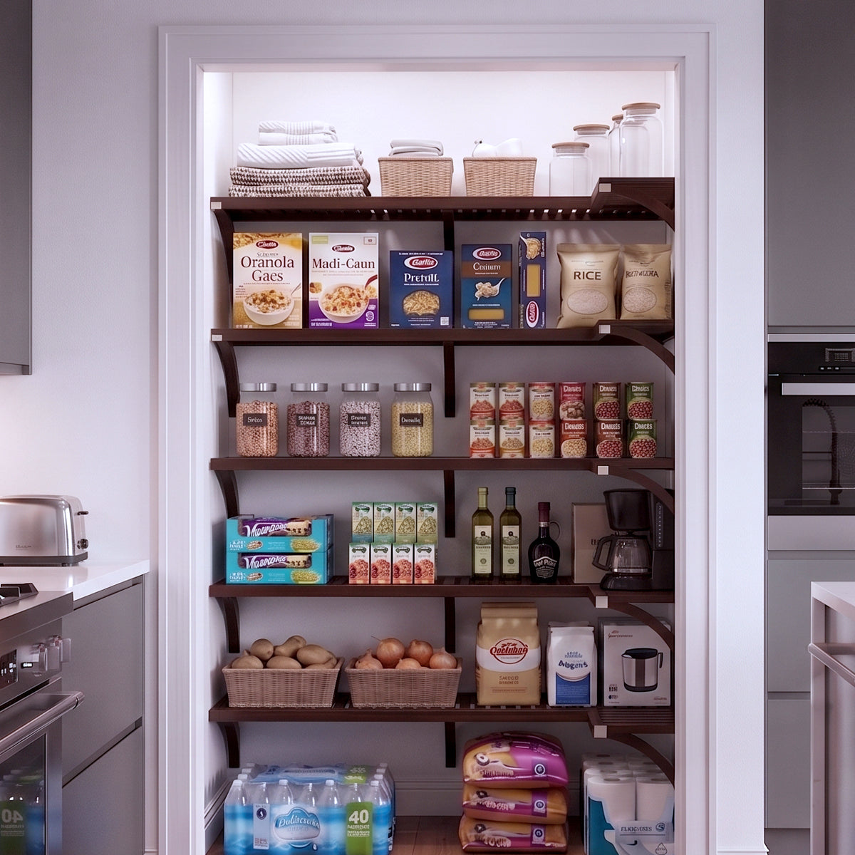 A small L shaped walk-in pantry with 5 levels of espresso solid wood shelving filled with grocery items.