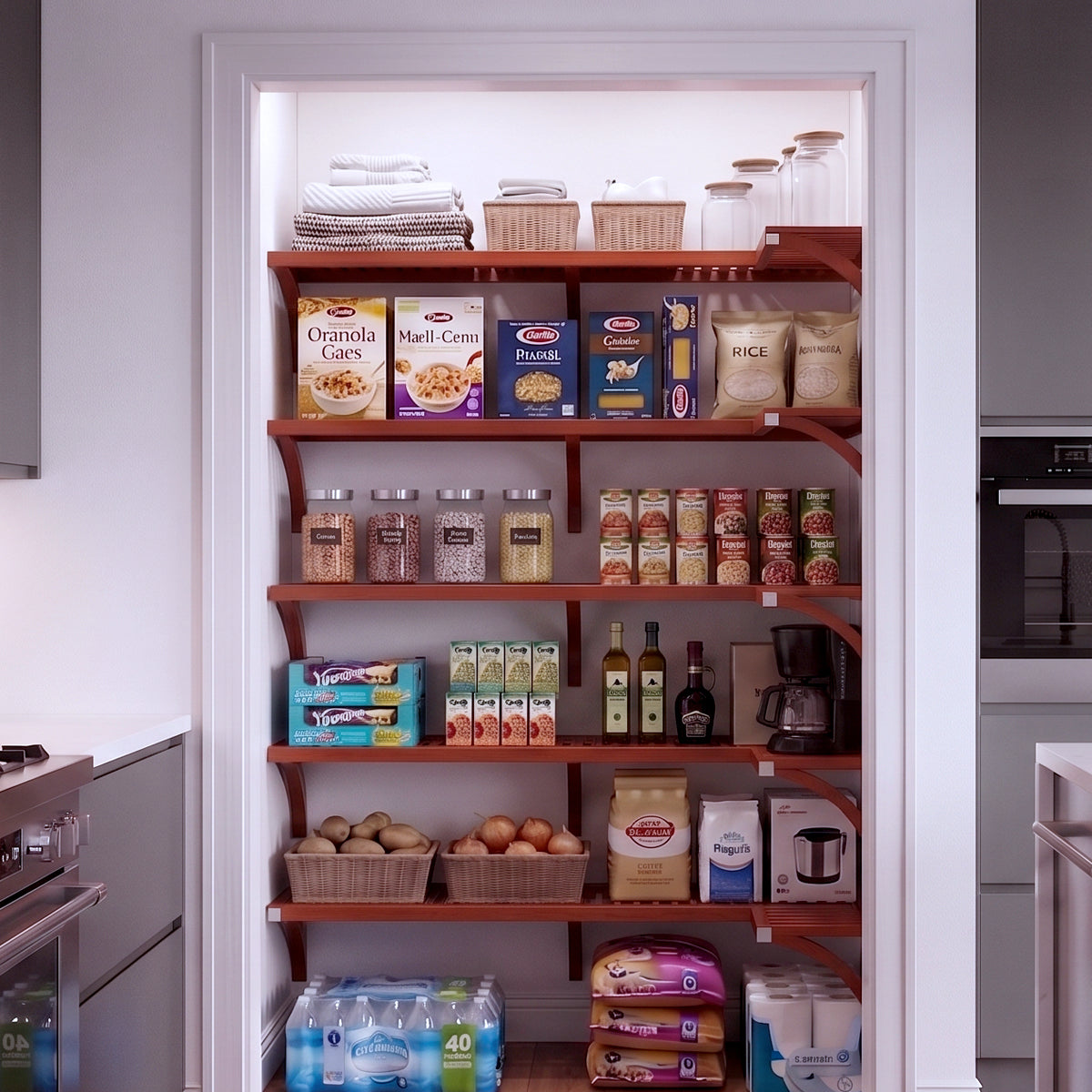 A small L shaped walk-in pantry with 5 levels of red mahogany solid wood shelving filled with grocery items.