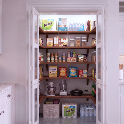 An small U shaped walk-in pantry with 5 levels of chestnut solid wood shelving filled with grocery items.