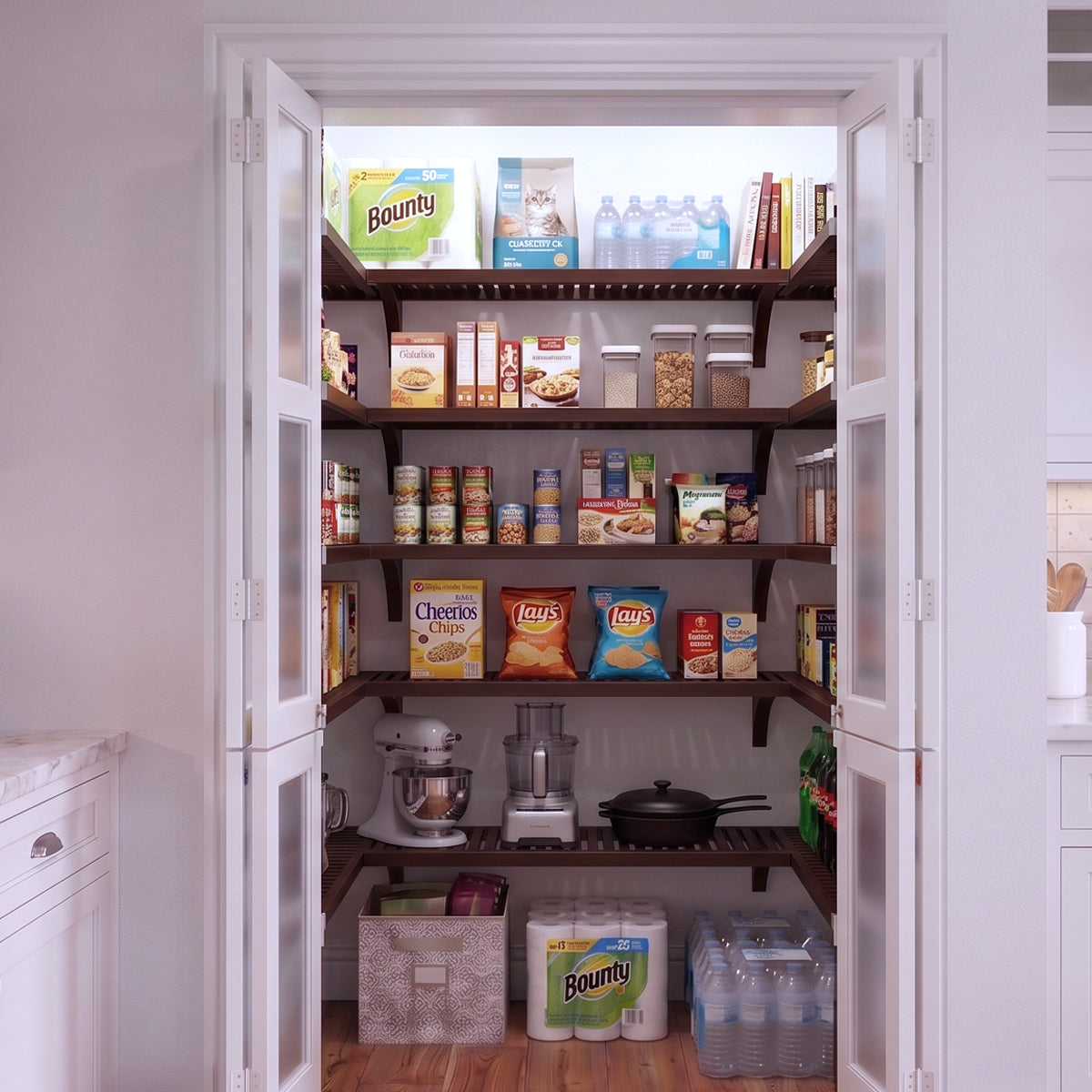 An small U shaped walk-in pantry with 5 levels of espresso solid wood shelving filled with grocery items.