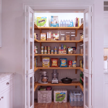 An small U shaped walk-in pantry with 5 levels of honey maple solid wood shelving filled with grocery items.