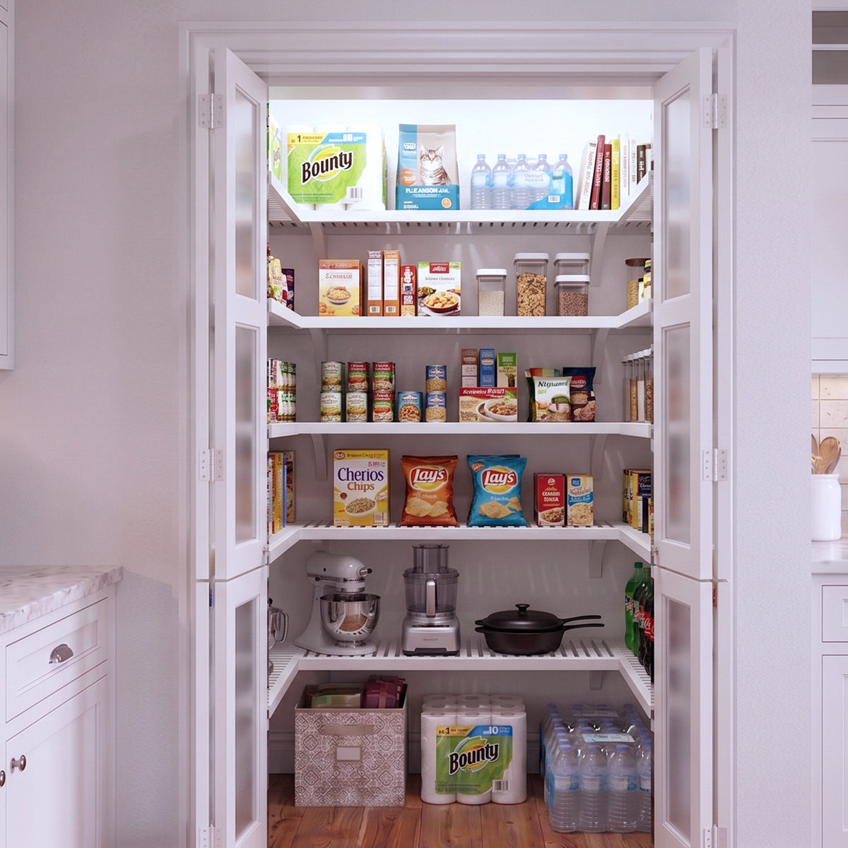 An small U shaped walk-in pantry with 5 levels of white solid wood shelving filled with grocery items.