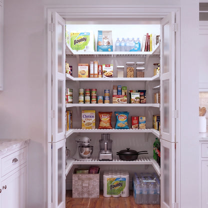 An small U shaped walk-in pantry with 5 levels of white solid wood shelving filled with grocery items.