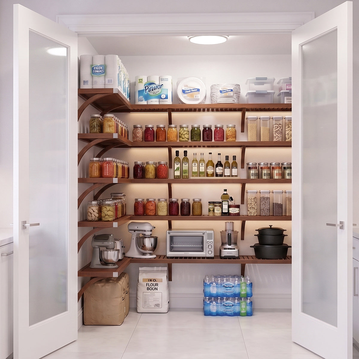 An organized L shaped walk-in pantry with 5 levels of chestnut solid wood shelving and frosted glass doors stocked with grocery items.