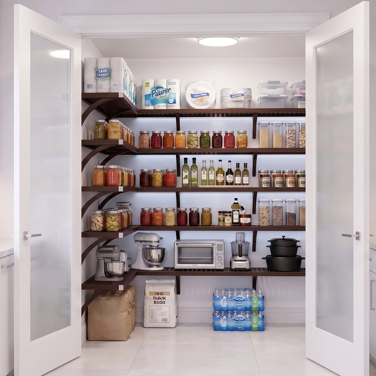 An organized L shaped walk-in pantry with 5 levels of espresso solid wood shelving and frosted glass doors stocked with grocery items.