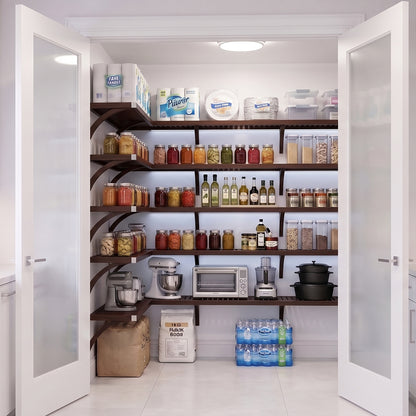 An organized L shaped walk-in pantry with 5 levels of espresso solid wood shelving and frosted glass doors stocked with grocery items.
