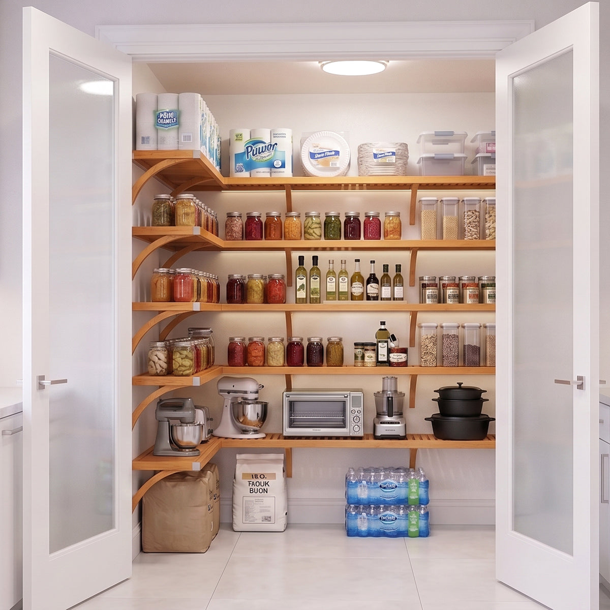 An organized L shaped walk-in pantry with 5 levels of honey maple solid wood shelving and frosted glass doors stocked with grocery items.