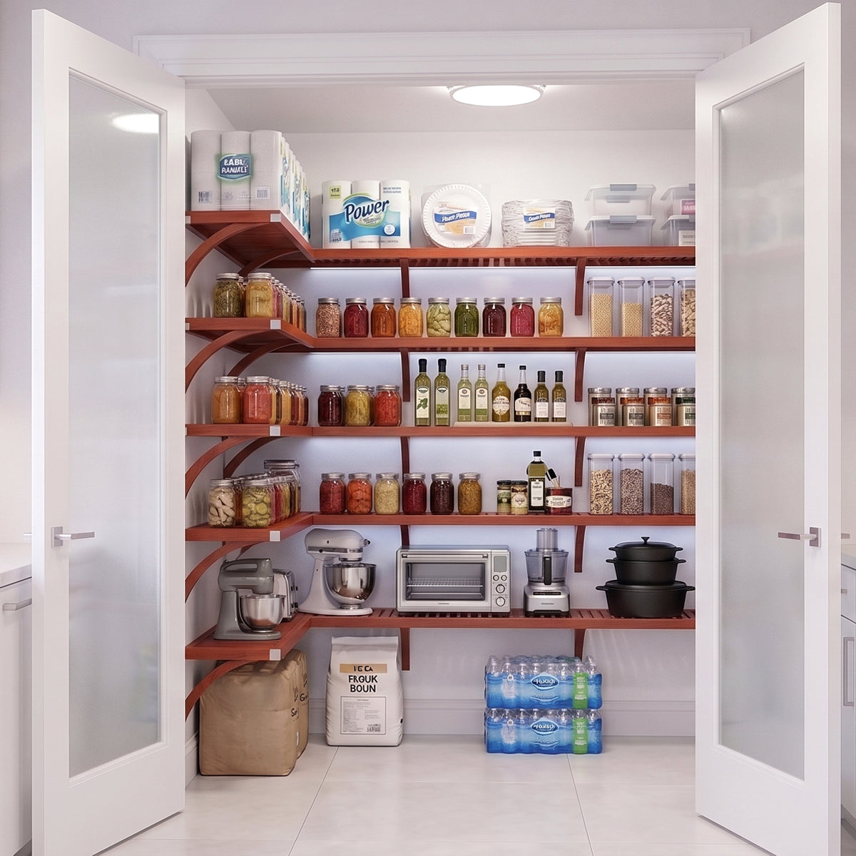 An organized L shaped walk-in pantry with 5 levels of red mahogany solid wood shelving and frosted glass doors stocked with grocery items.