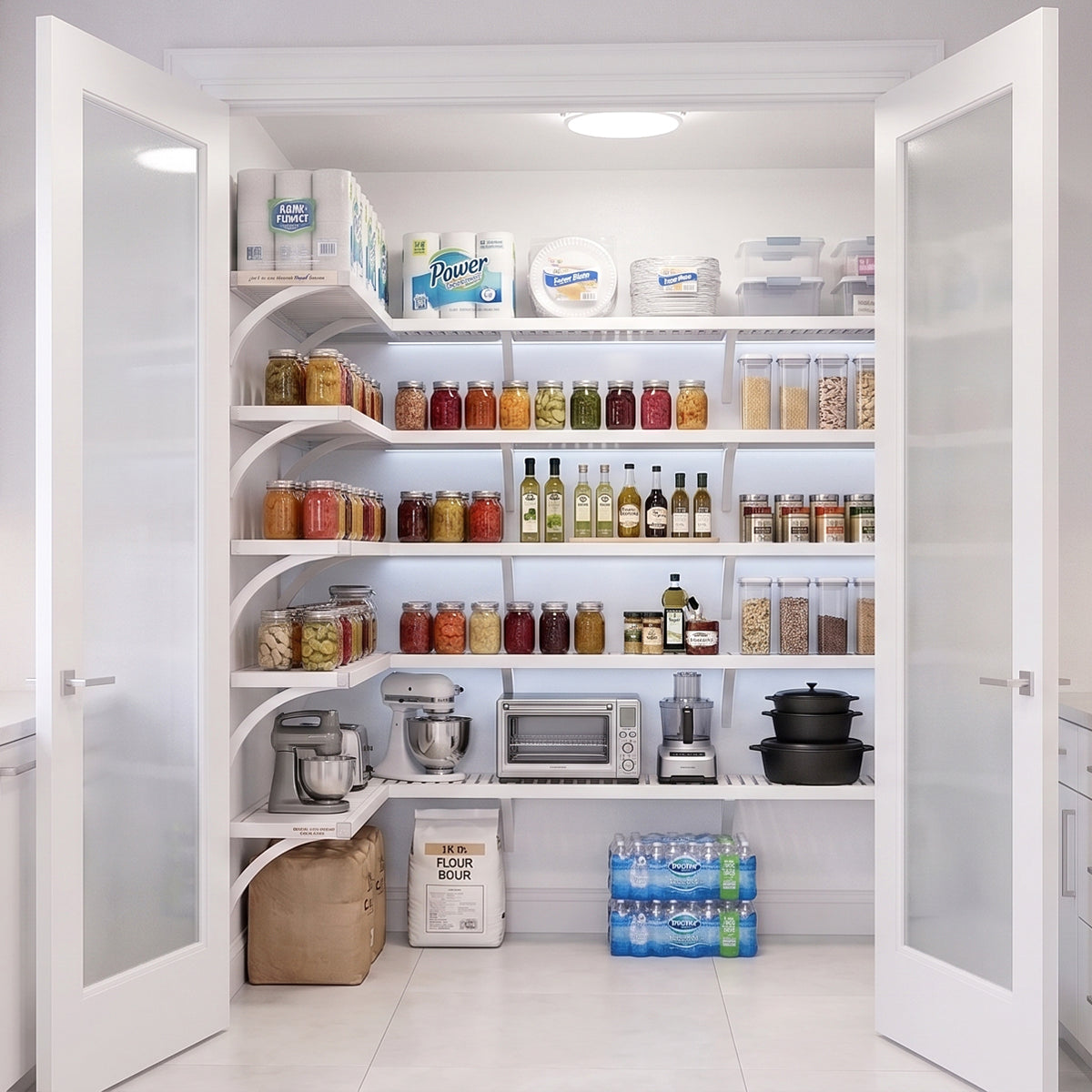An organized L shaped walk-in pantry with 5 levels of white solid wood shelving and frosted glass doors stocked with grocery items.