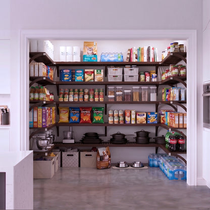 A large, fully stocked U shaped walk-in pantry with five tiers of espresso solid wood pantry shelves holding groceries.