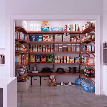 A large, fully stocked U shaped walk-in pantry with five tiers of red mahogany solid wood pantry shelves holding groceries.