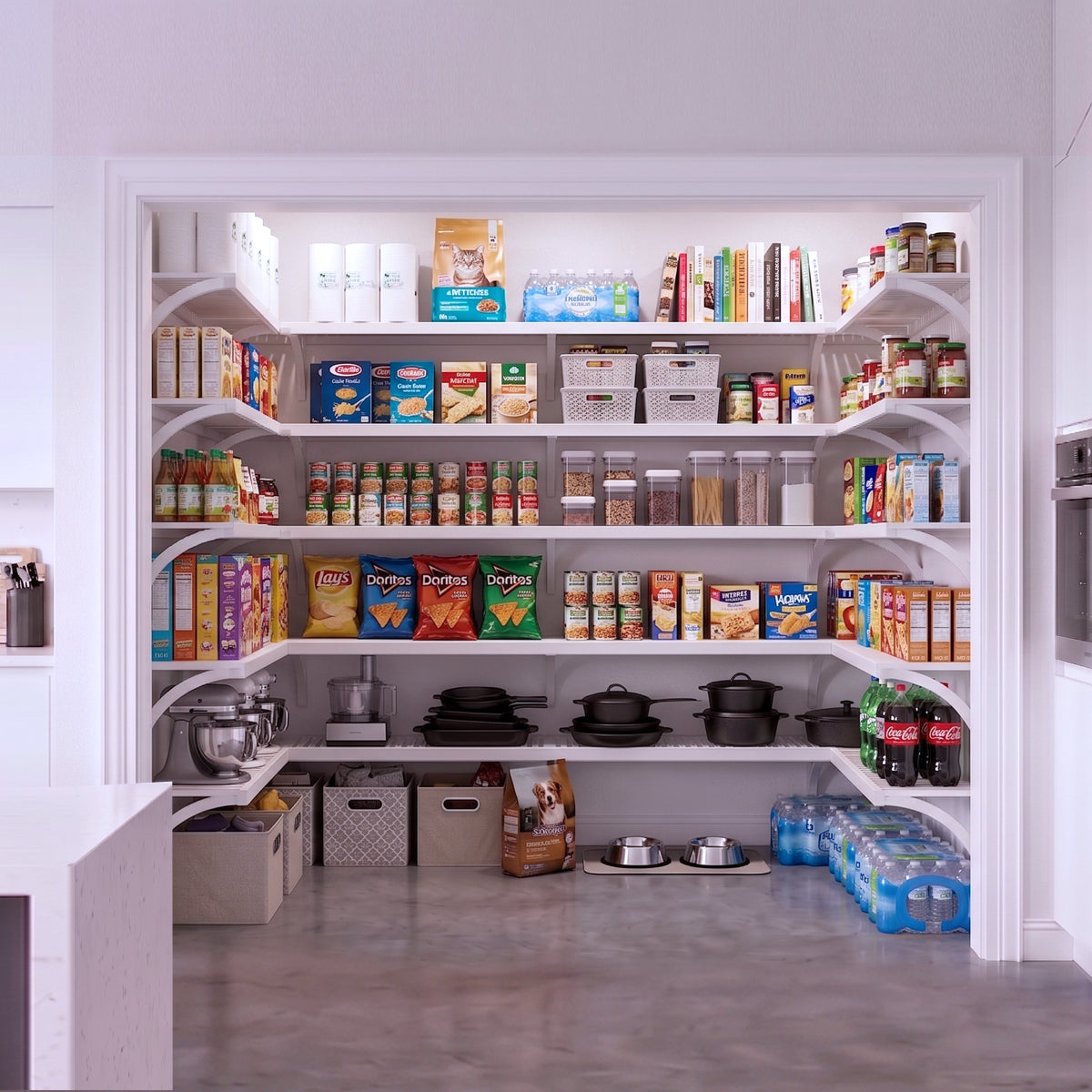 A large, fully stocked U shaped walk-in pantry with five tiers of white solid wood pantry shelves holding groceries.
