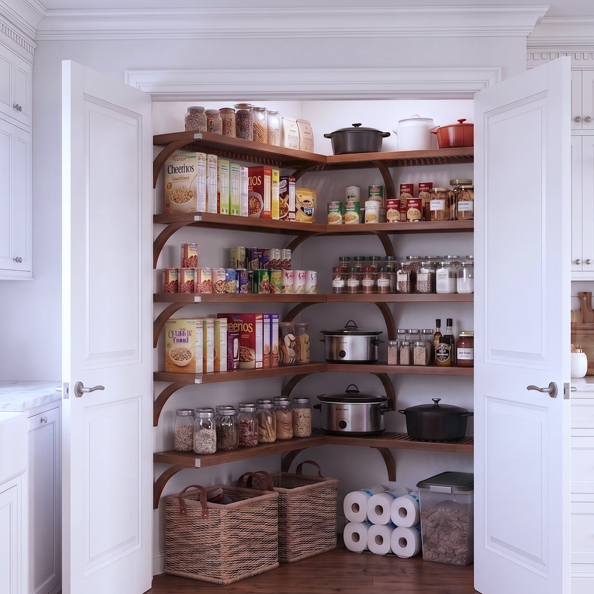 A fully stocked L shaped walk-in pantry with 5 tiers of chestnut solid wood shelves filled with kitchen appliances and  grocery foods.