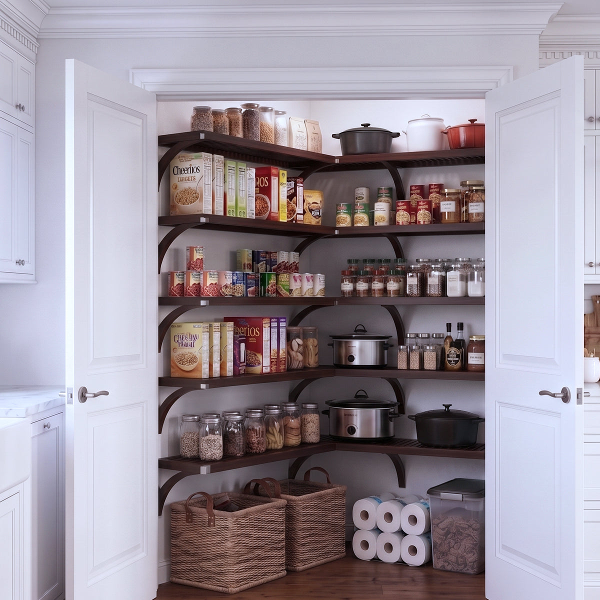 A fully stocked L shaped walk-in pantry with 5 tiers of espresso solid wood shelves filled with kitchen appliances and  grocery foods.