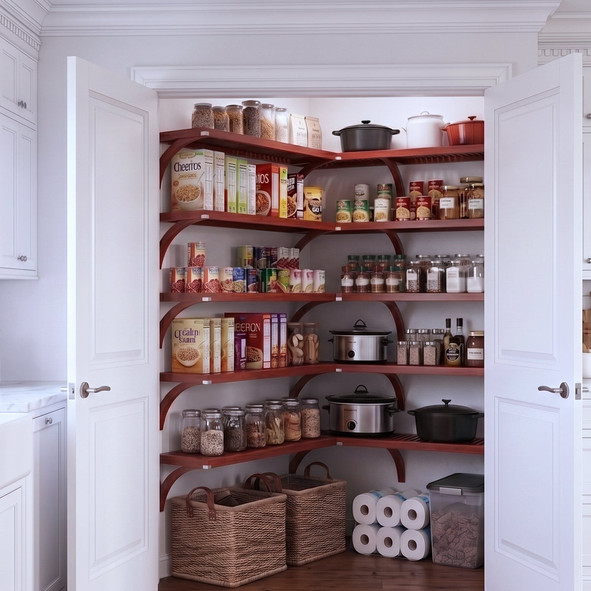 A fully stocked L shaped walk-in pantry with 5 tiers of red mahogany solid wood shelves filled with kitchen appliances and  grocery foods.