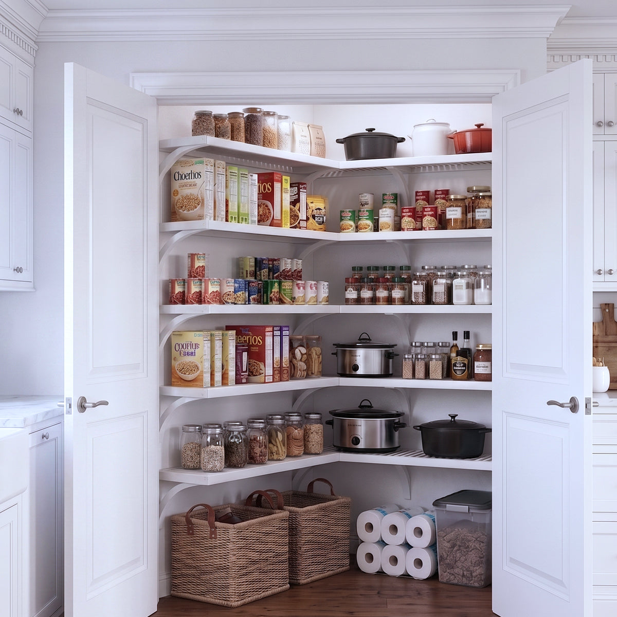 A fully stocked L shaped walk-in pantry with 5 tiers of white solid wood shelves filled with kitchen appliances and  grocery foods.