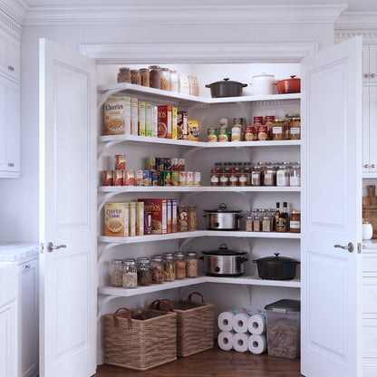A fully stocked L shaped walk-in pantry with 5 tiers of white solid wood shelves filled with kitchen appliances and  grocery foods.