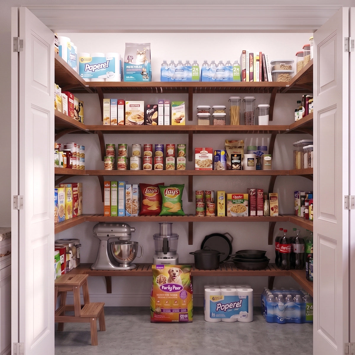 A well-organized standard walk-in pantry with 5 chestnut finished solid wood shelves stocked with various grocery items.
