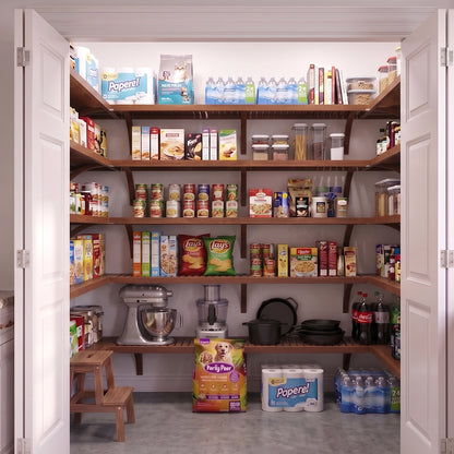 A well-organized standard walk-in pantry with 5 chestnut finished solid wood shelves stocked with various grocery items.