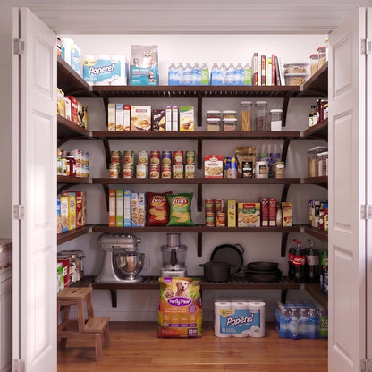 A well-organized standard walk-in pantry with 5 espresso finished solid wood shelves stocked with various grocery items.