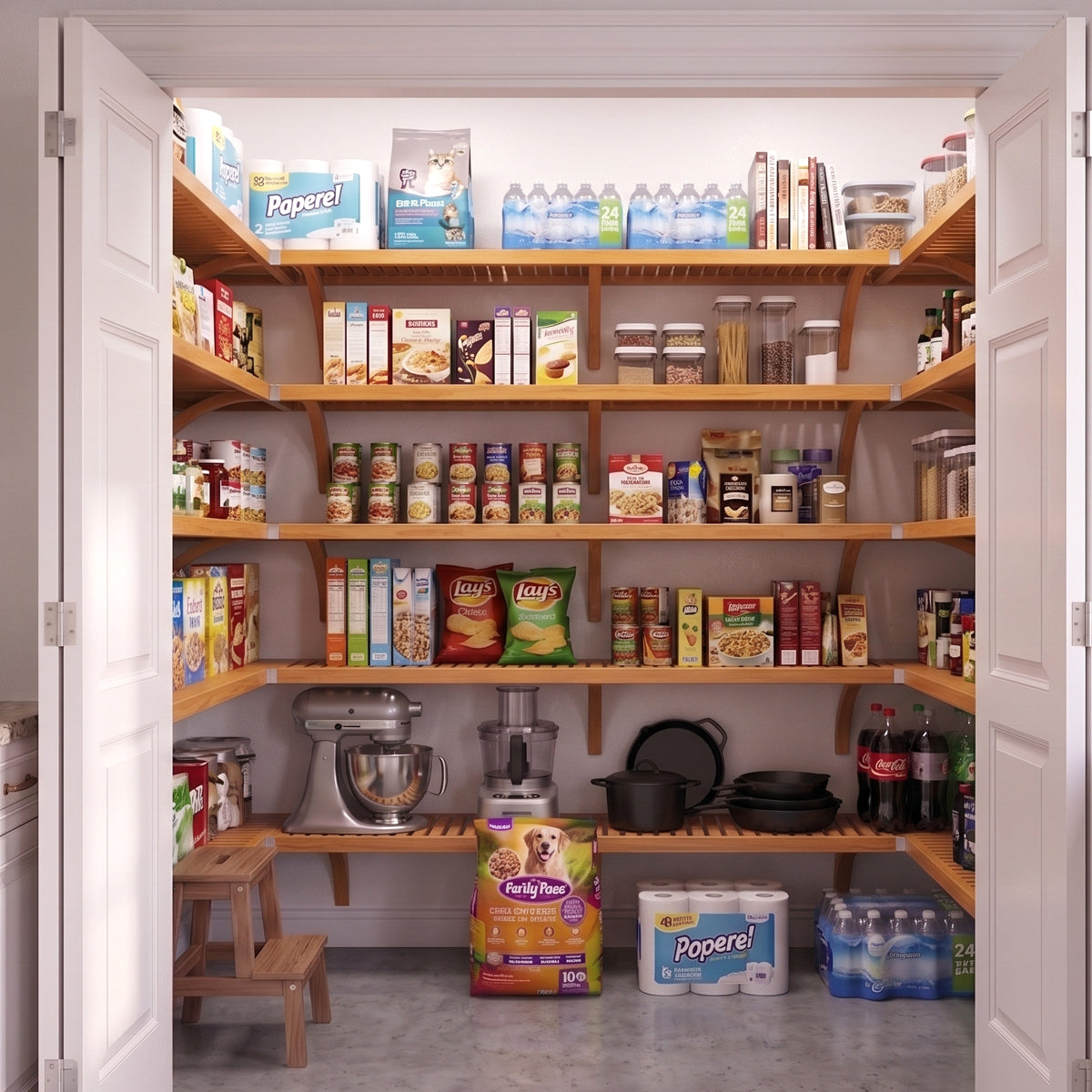 A well-organized standard walk-in pantry with 5 honey maple finished solid wood shelves stocked with various grocery items.