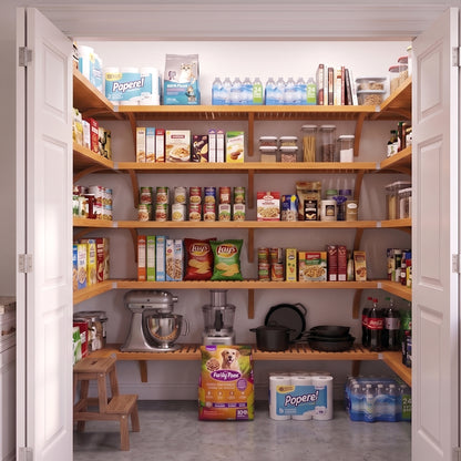 A well-organized standard walk-in pantry with 5 honey maple finished solid wood shelves stocked with various grocery items.