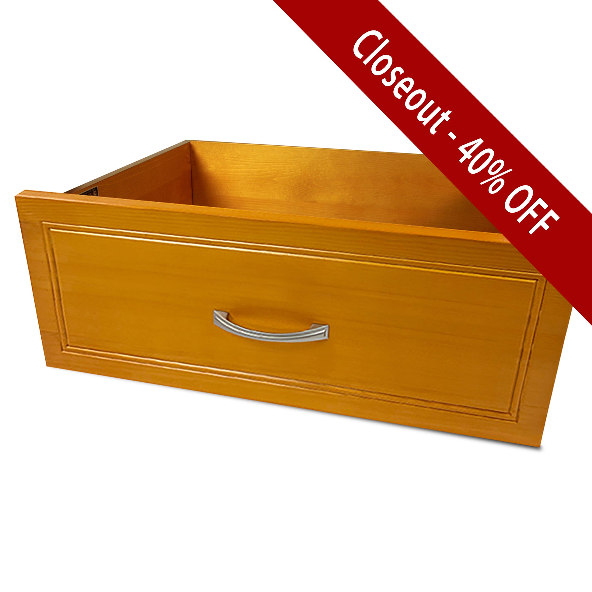 honey maple Wooden drawer with a handle on a white background, featuring a 'Closeout - 40% OFF' label.