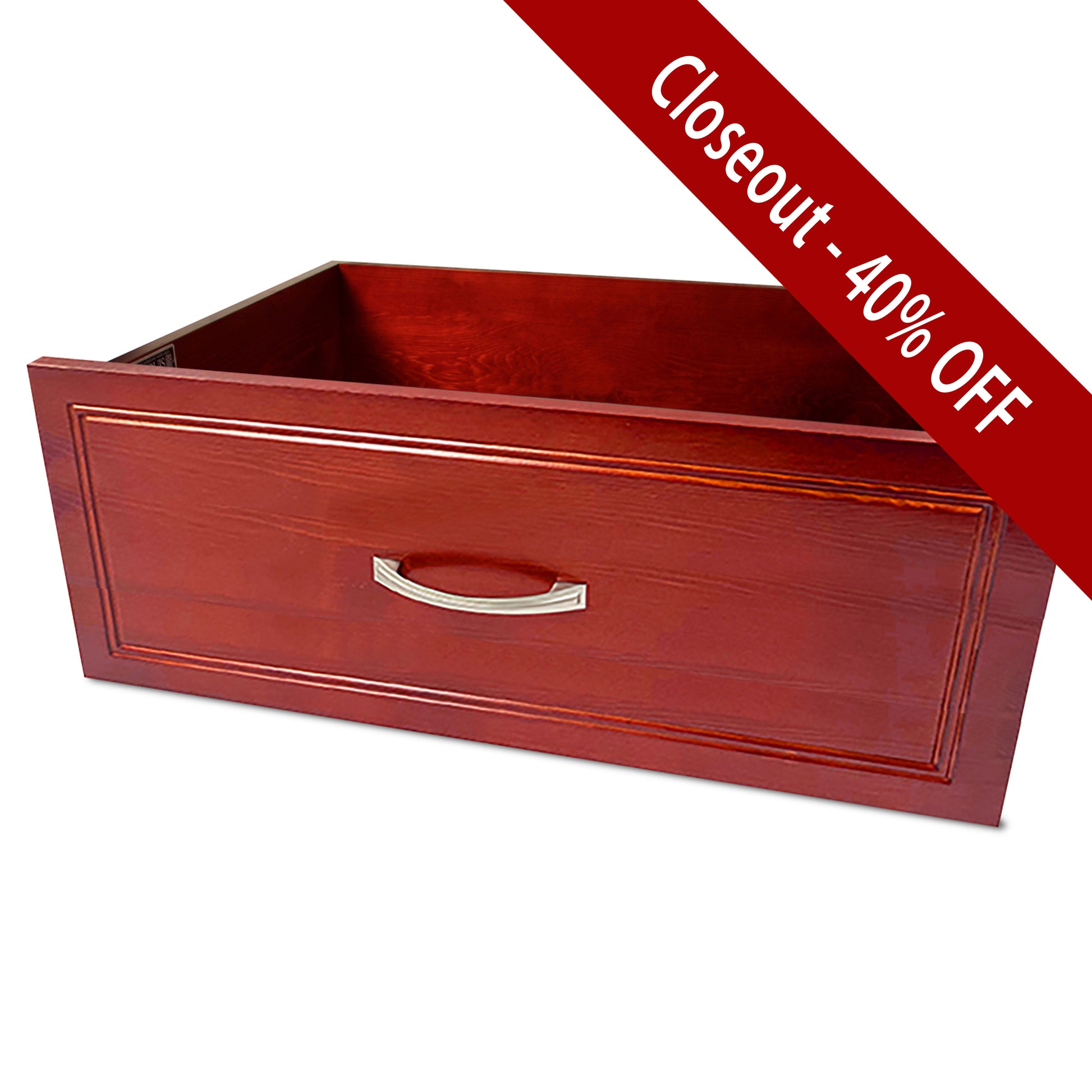 red mahogany Wooden drawer with a handle on a white background, featuring a 'Closeout - 40% OFF' label.