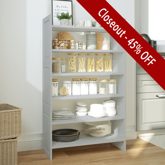 grey 3 tiered shelving rack holding spices and utensils in kitchen
