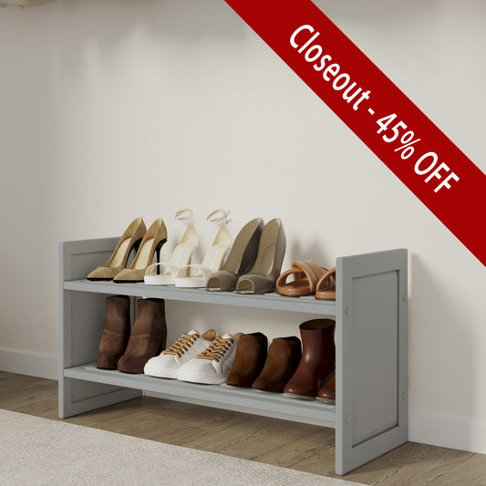 grey shoe storage entryway bench in mudroom