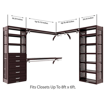 Espresso L Shaped Walk In Closet Organizer with 5 Drawers Size Dimensions