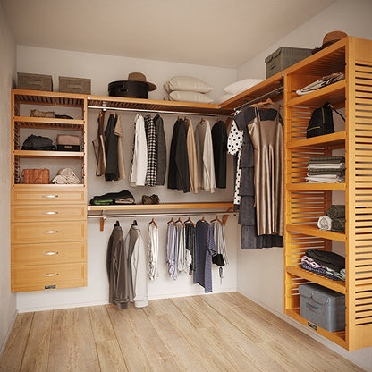 Honey Maple L Shaped walk in closet organizer with 5 drawers,  clothes and hanging in a room.